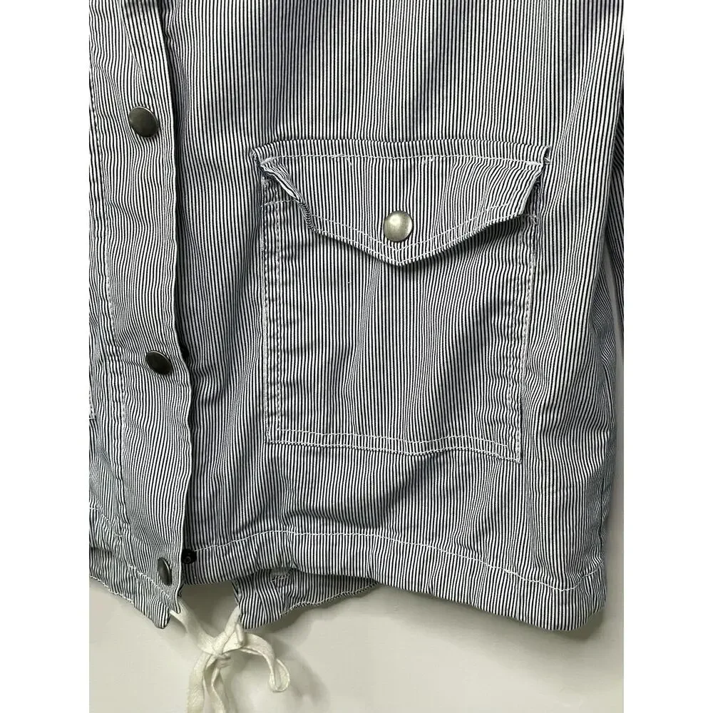 So Pinstriped‎ Long Sleeve Snap Button Field Hooded Jacket Blue/White Women's M